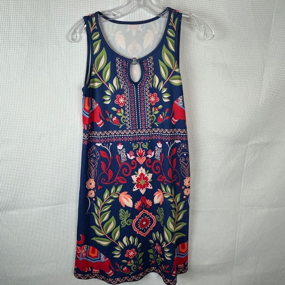 Blue Elephant Floral Boho Keyhole Neck Sleeveless Shift Dress Womens Small